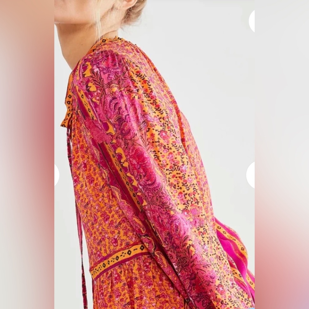 FREE PEOPLE  Happy Feeling Maxi Vibrant Pink & Orange Long Sleeve Dress Size S - Picture 6 of 16